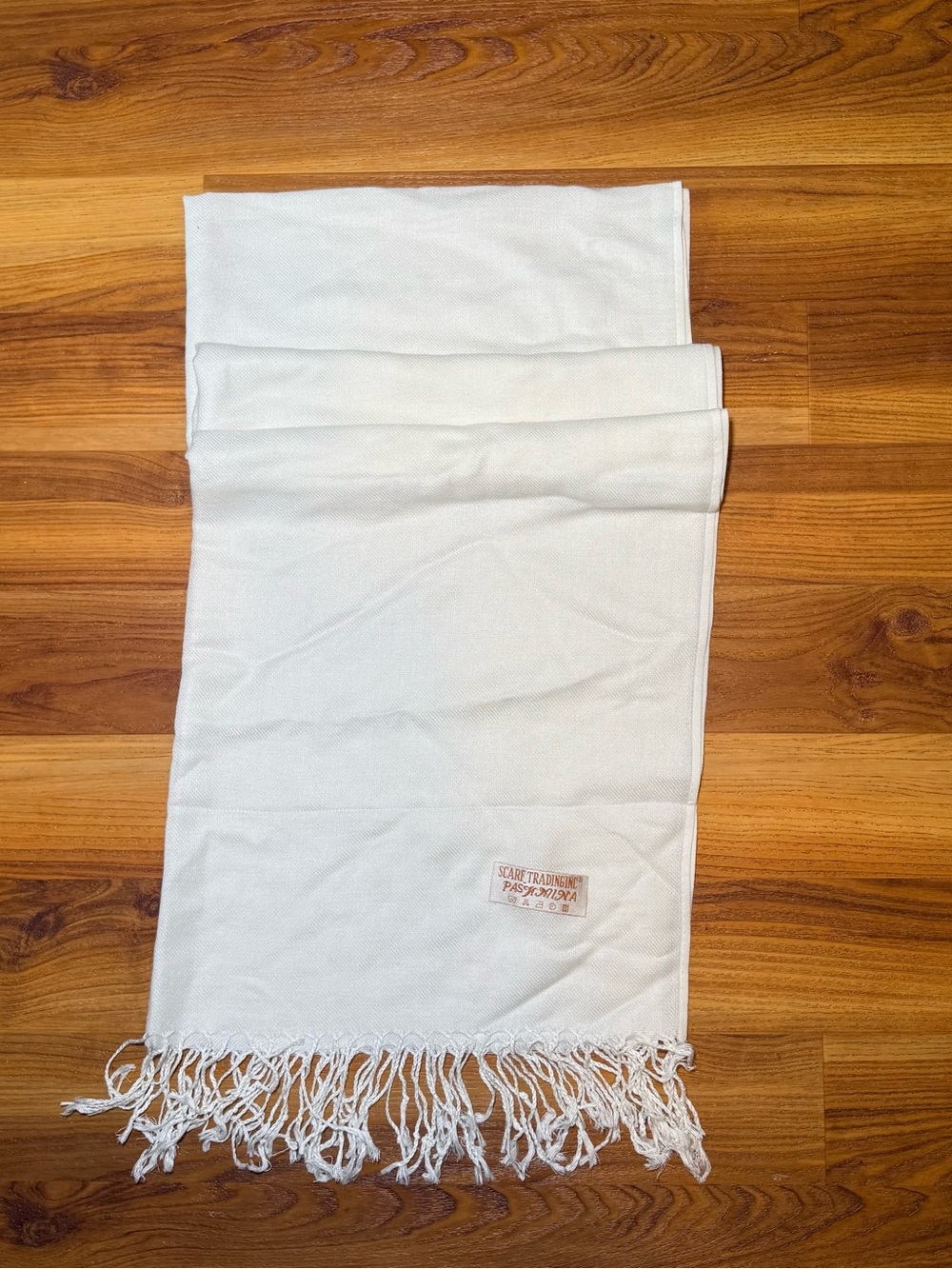 pashmina Cream Fringed Scarf with Woven Label